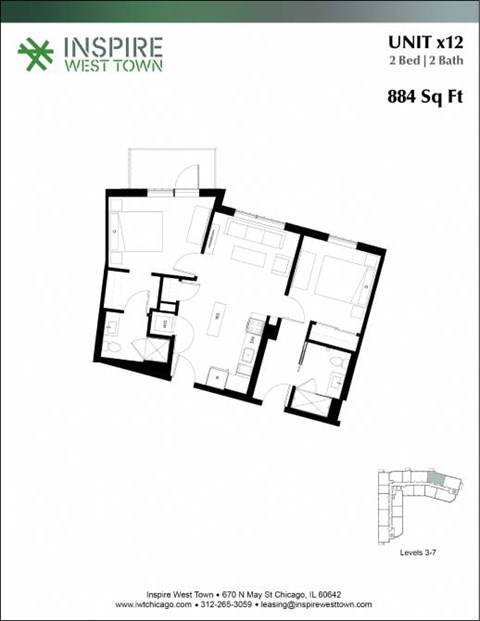 Floor plan for 2 beds, 2 baths, 884 sqft
